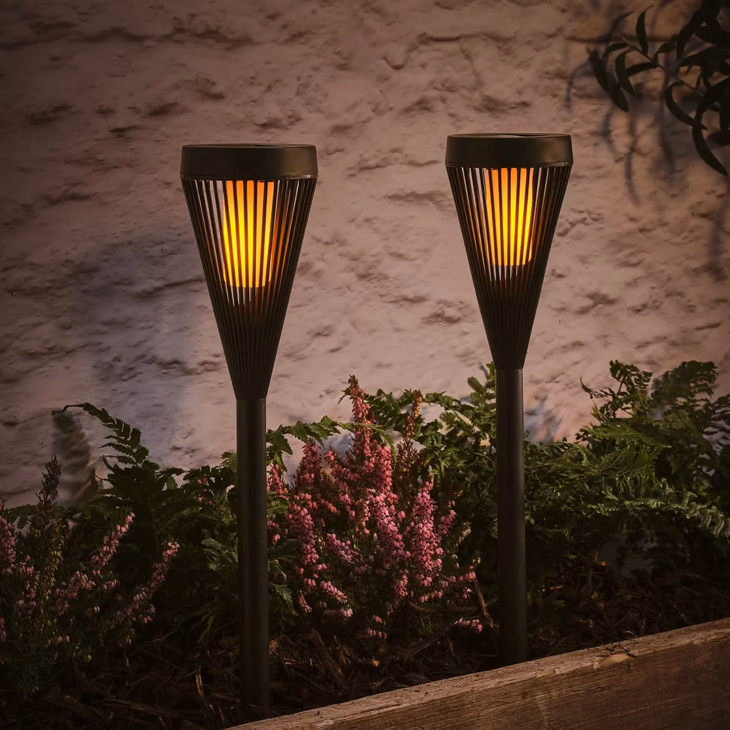 Lights4fun Set of 2 Black Solar Powered Moving Flame Torch Path Stake Lights, Height: 45 cm