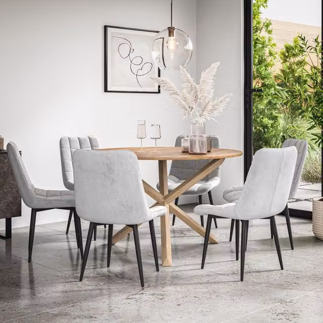 More4Homes Malvern Round Dining Table and 6 Nova Grey Velvet Chairs Set with Oak Top and Solid Oak Legs, Diameter: 120 cm