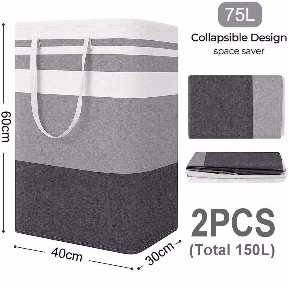PAWNORA Set of 2 Fabric Laundry Baskets with Handles, Black and Grey Stripes, W: 60 cm, D: 40 cm, H: 75 cm – 2