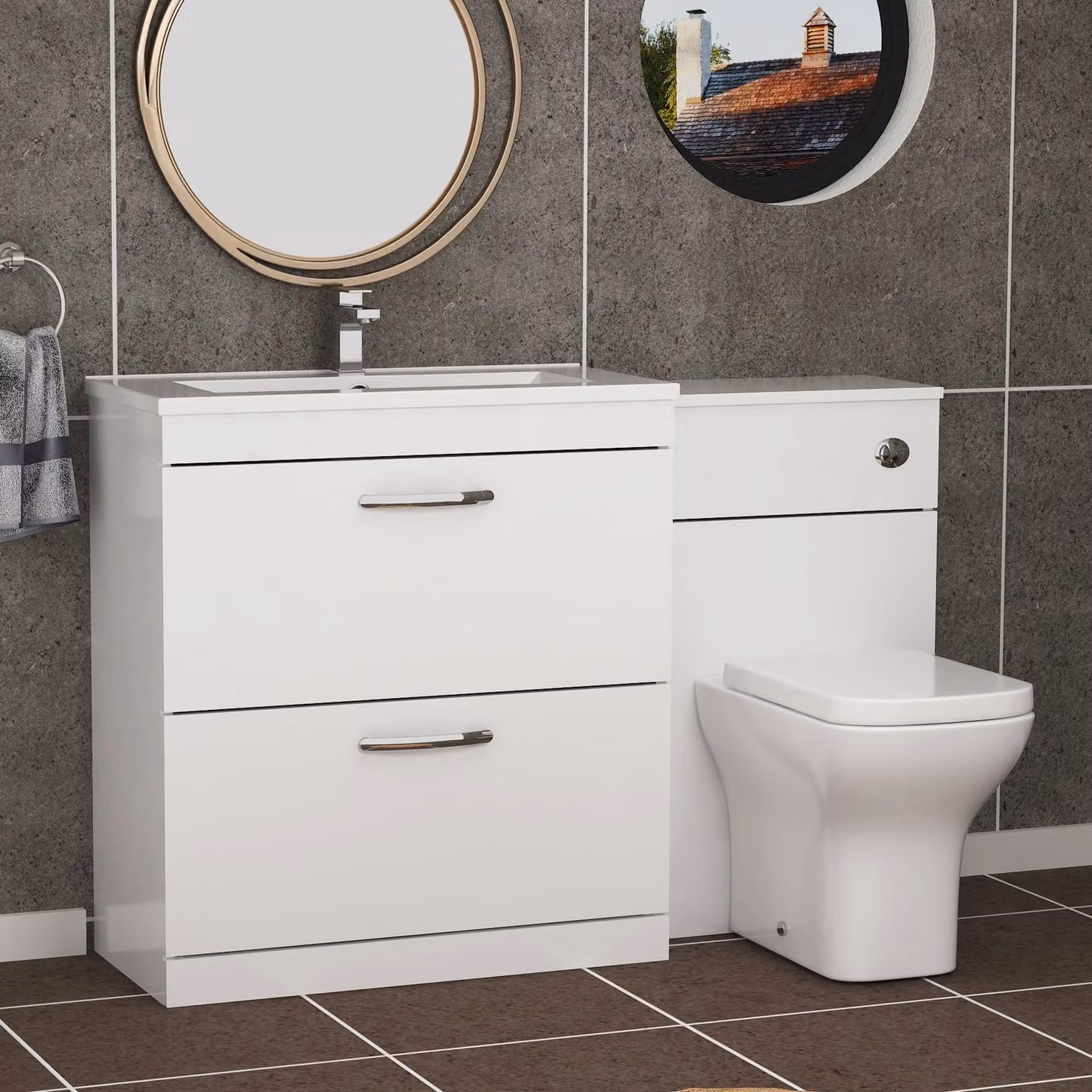 Royal Bathrooms Turin 1300mm Gloss White 2-Drawer Minimalist Basin and Qubix Back to Wall Toilet Pack