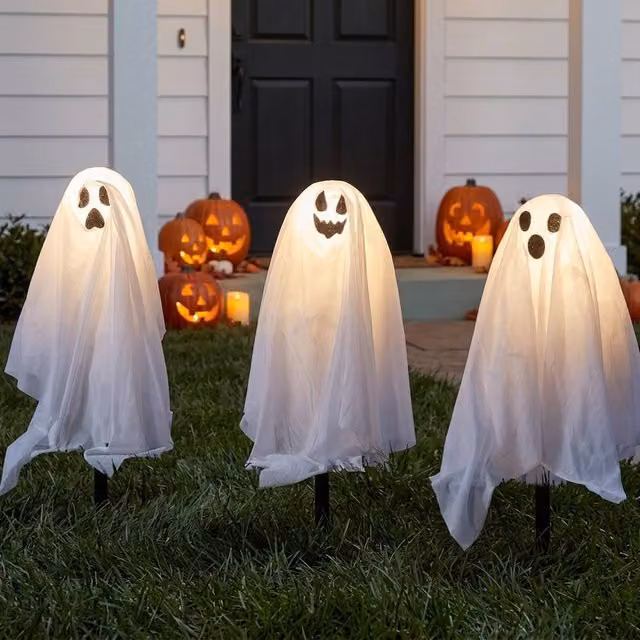 Garden Greatness Set of 3 Spooky Ghost LED Stake Lights in White and Multicolour