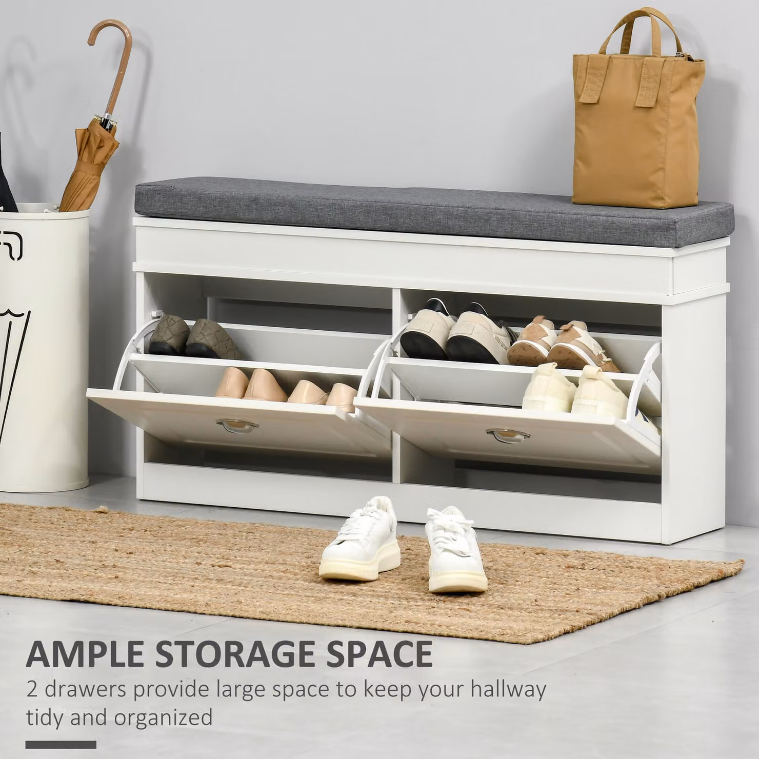 HOMCOM White Shoe Storage Bench with Seat Cushion and Adjustable Shelf – 2