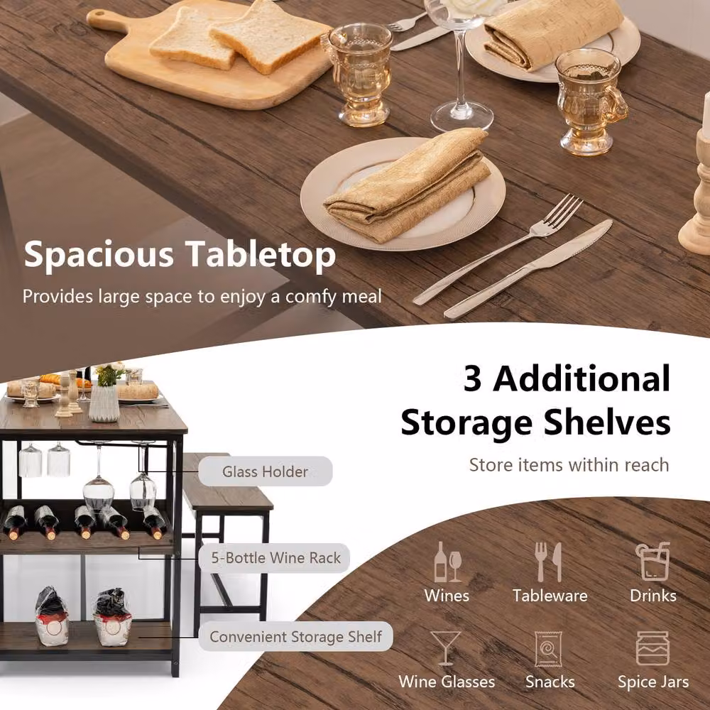 Gymax Brown Dining Table and 2 Benches Set with Wine Rack and Storage Shelf – 8