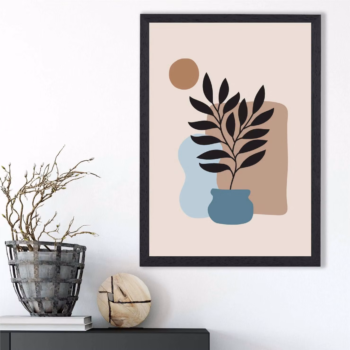 ARTZE Boho Graphical Floral Framed Print in Brown, Beige and Blue with Black Frame, A2 – 2