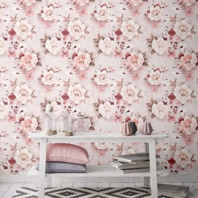 Muriva Lola Red Floral Textured Wallpaper with Silver Glitter Botanical Design
