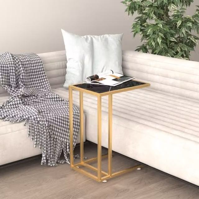 Berkfield Home Black Marble Computer Side Table with Tempered Glass W/D/H: 50 x 35 x 65 cm – 1