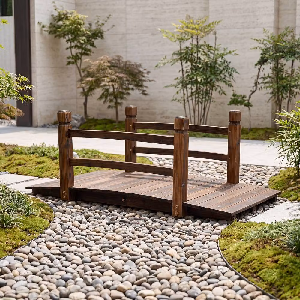 Gymax Brown Fir Wood Garden Bridge with Safety Railings, 125 cm – 5