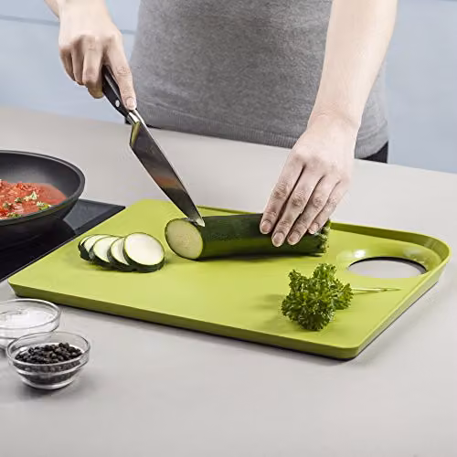 Zeal Straight to Pan Rectangular Kitchen Chopping Board with Non-Slip Base and Handle, Green, W: 38.5 cm, D: 28.5 cm, H: 2.5 cm – 2