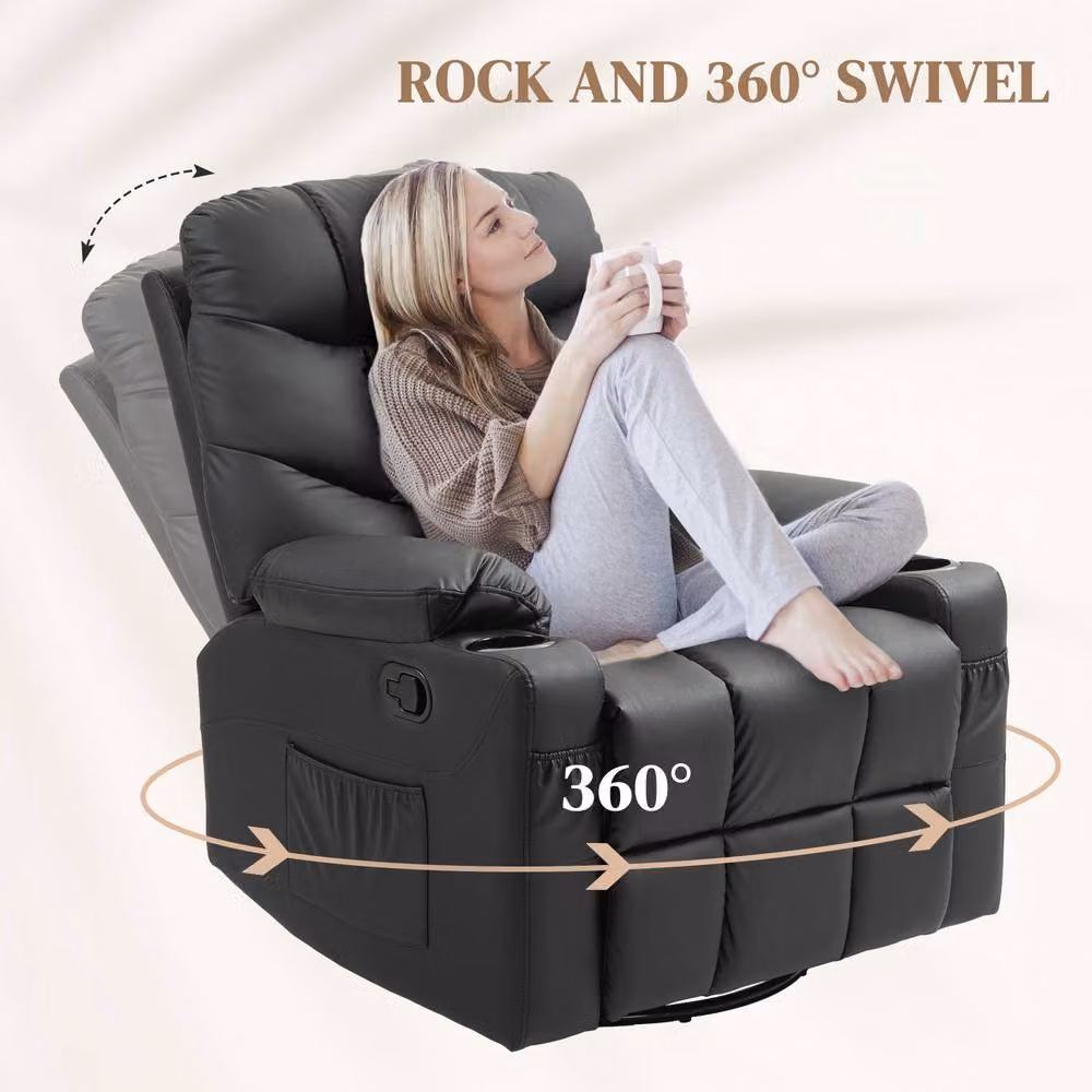 STILVORA Black Synthetic Leather Recliner Armchair with Swivel and Cup Holders – 5