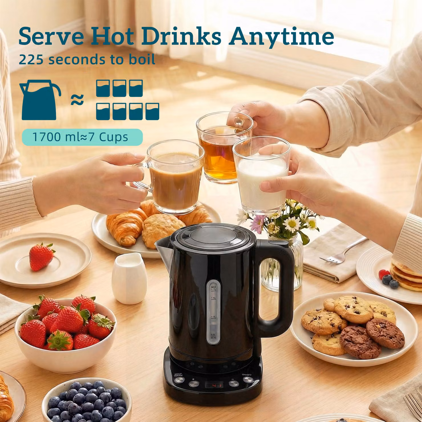 HOMCOM Electric Kettle with Keep Warm Function and LCD Base, Black, 1.7 l – 4