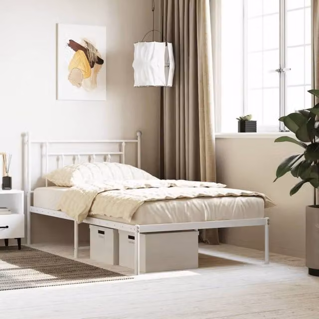 Berkfield Home Metal Bed Frame with Headboard, White, W: 100 cm, L: 200 cm – 1