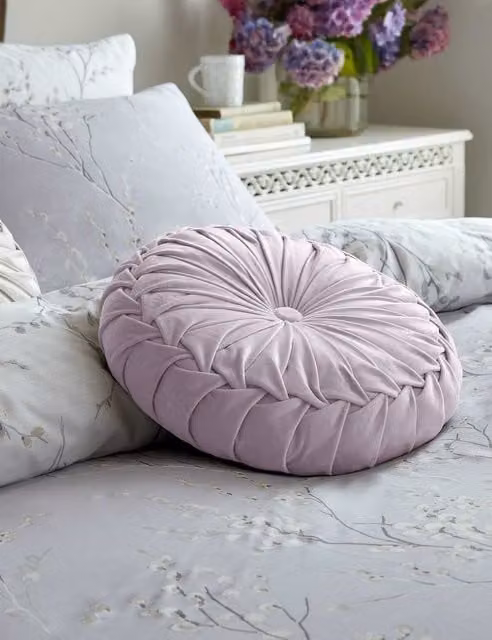 Laura Ashley Rosanna Round Pleated Velvet Cushion in Purple