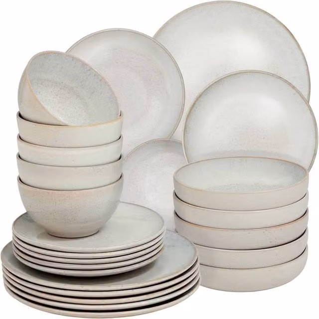 tectake Mare Dinner Set for 6 People in Light Sand Glazed Stoneware – 1