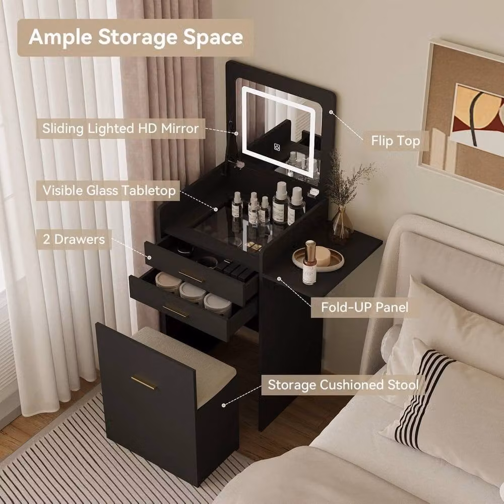 FORGEVIO Modern Dressing Table Set with LED Hollywood Mirror in Black – 3