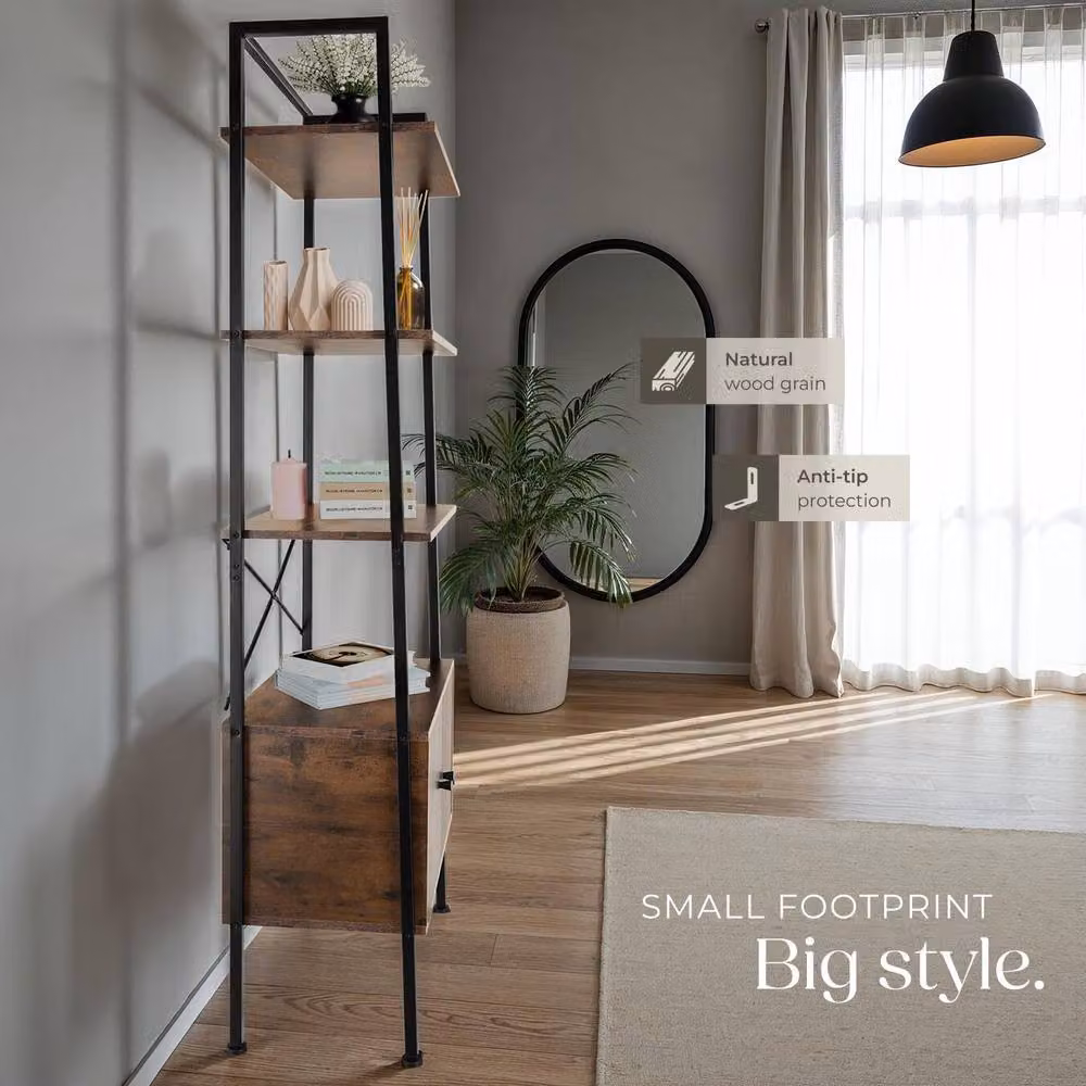 tectake Brentwood Industrial Style Ladder Shelf with 4 Levels and 2 Cupboards in Brown and Black – 7
