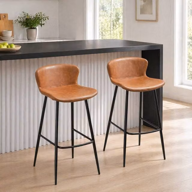 STILVORA Set of 2 Vintage Brown Faux Leather Bar Stools with Metal Frame – 1
