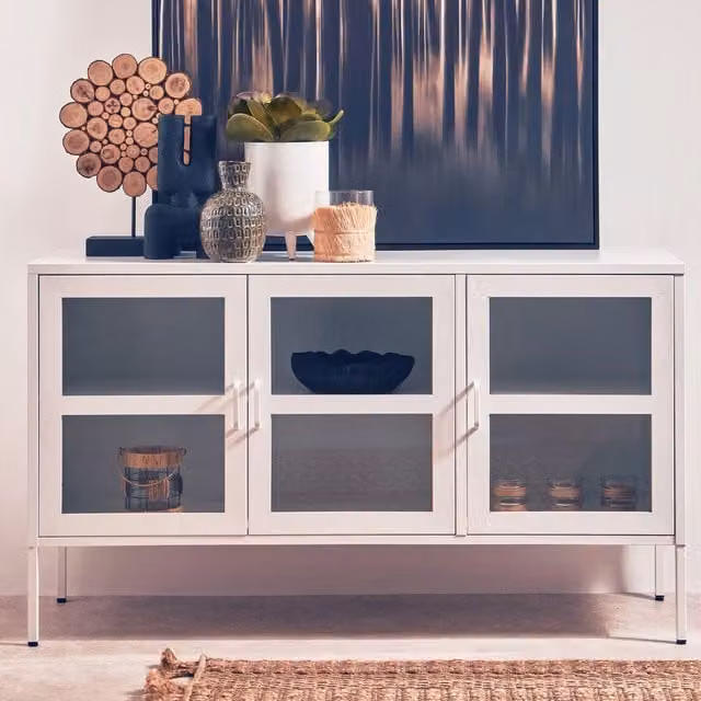 Orsina White Metal Three Door Industrial Mid Century Sideboard