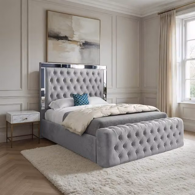 Casani Loweswater Mirror Upholstered Designer Bed Frame in Grey Soft Velvet, Super King, 200 x 200 cm