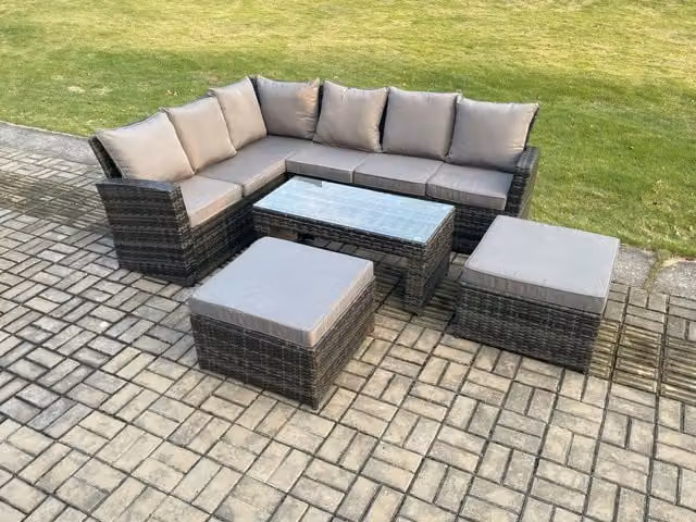 Fimous Dark Grey Rattan Corner Sofa Garden Dining Set with 2 Large Footstools