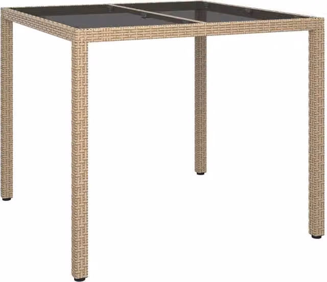 Berkfield Home Beige Poly Rattan Garden Table with Tempered Glass Top, W/D/H: 90 x 90 x 75 cm