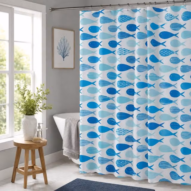 Showerdrape Aquarium Nautical White and Blue Shower Curtain, H 180 cm