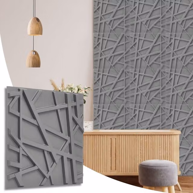 NOVECRAFTO Matt Grey Geometric Line 3D PVC Wall Panels, W/D/H: 50 x 50 x 0.25 cm