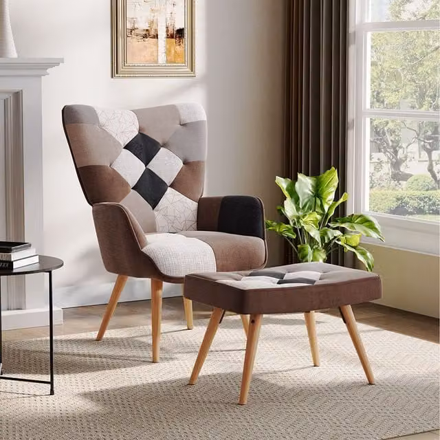 Komore Mid-Century Geometric Lounge Armchair with Matching Ottoman in Brown, Grey and Multicolour
