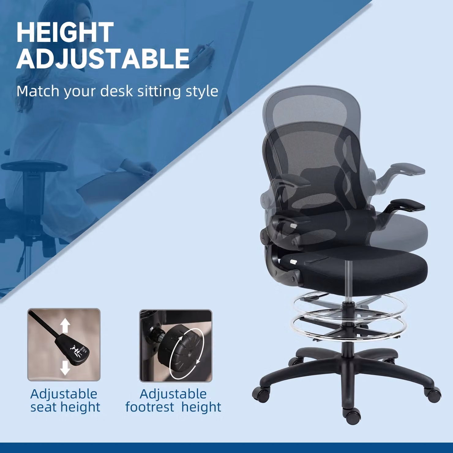 Vinsetto Black Drafting Chair with Mesh Back, Armrests and Foot Ring – 4