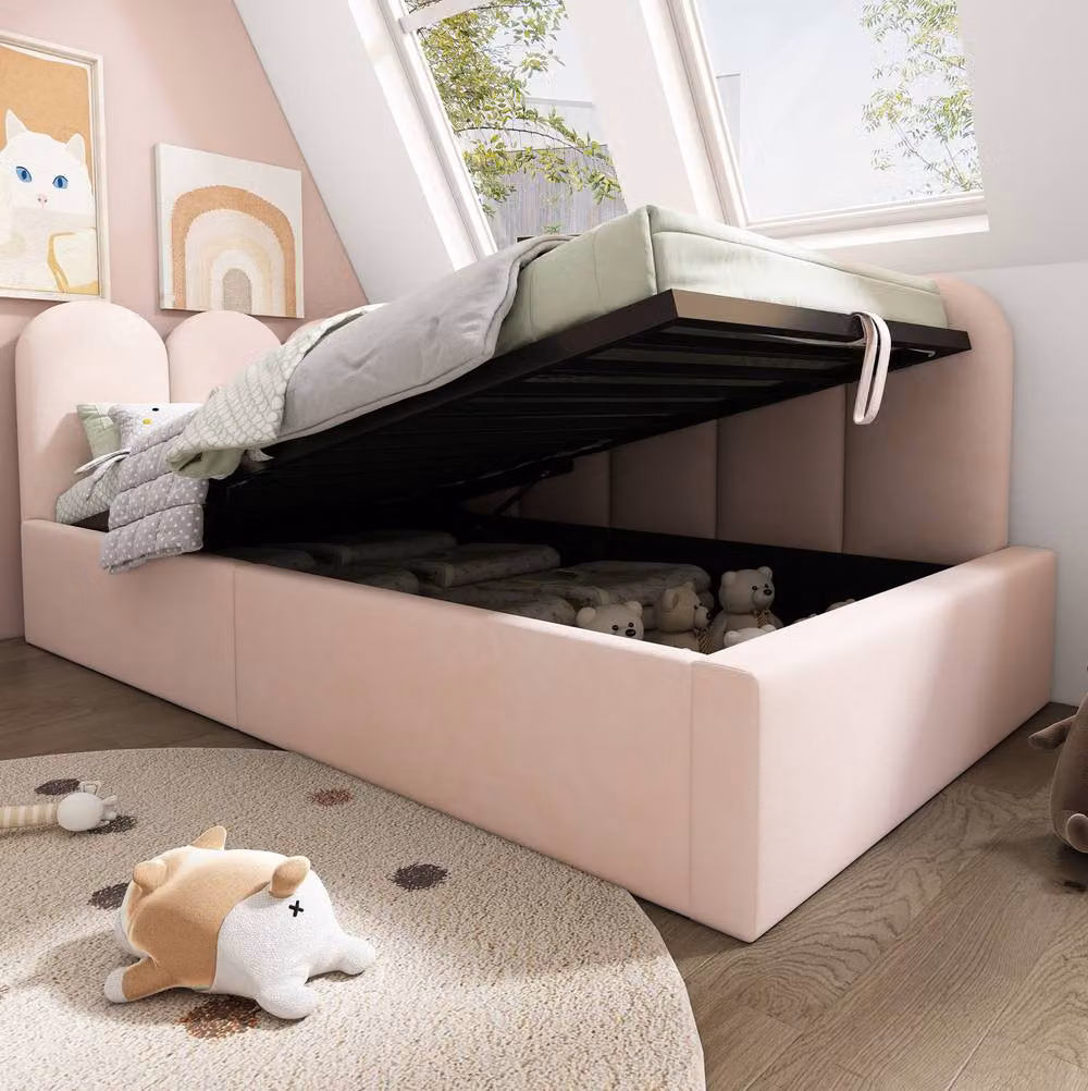 STILVORA Pink Velvet Upholstered Single Daybed Bed Frame with Lift Up Storage Base, W/D/H: 90 x 190 cm – 3