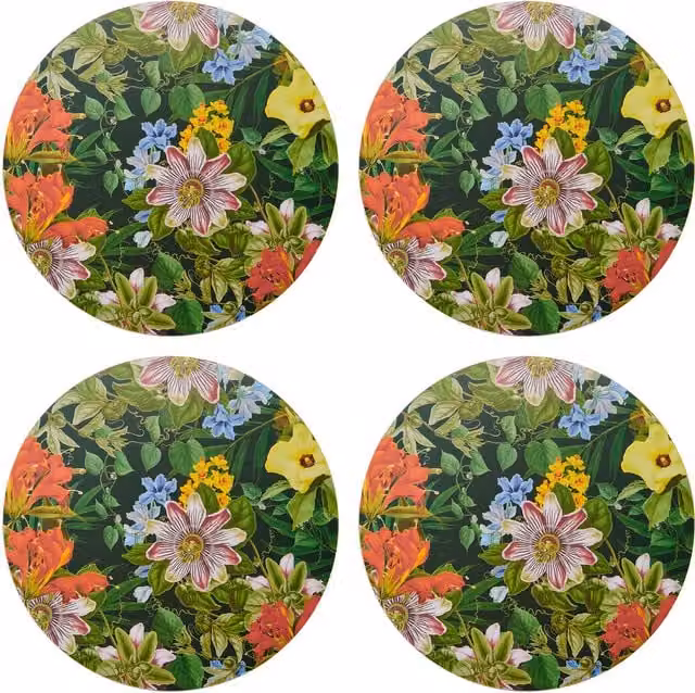 Creative Tops Set of 4 Tropical Floral Round Placemats, Green and Multicolour, Stain Repellent with Cork Backing, W: 40 cm, D: 29 cm