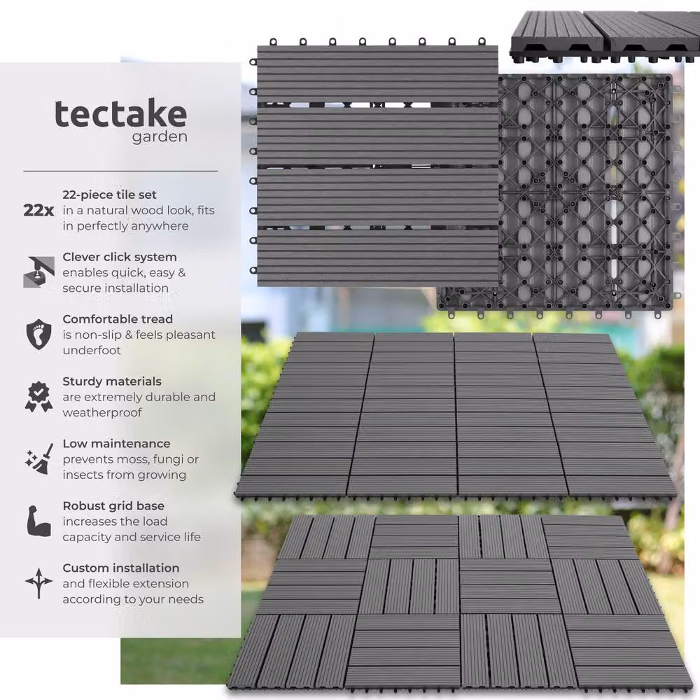 tectake Set of 22 Grey Tegulas Click System Plastic Patio Tiles – 2