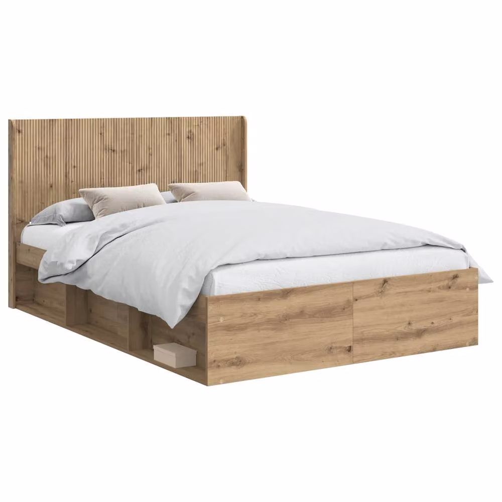 Berkfield Home Artisan Oak Bed Frame with Storage and Headboard in Brown, W: 135 cm, L: 190 cm – 2