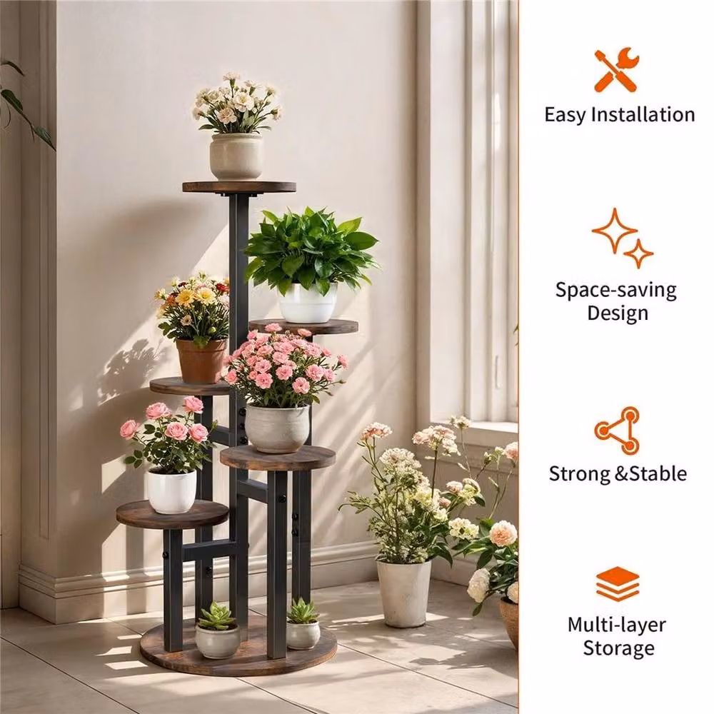 Kelvenix 6 Tier Round Industrial Plant Stand and Flower Shelf in Brown – 3