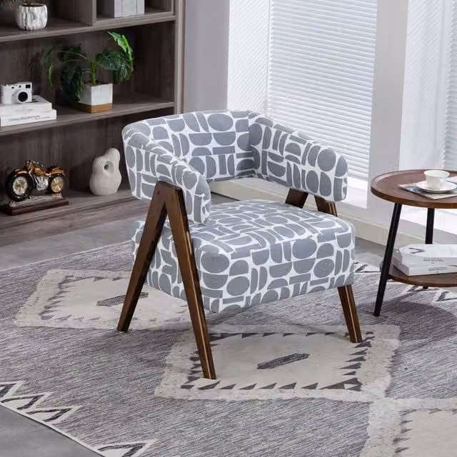 WestWood Mid-Century Fabric Tub Chair with Geometric Pattern in Grey and White – 1