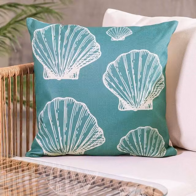 icon Kyoto Fabric Cushion, Large Sea Shell Design in Bottle Green, W/D/H: 43 x 43 x 43 cm