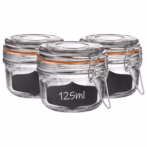 Argon Tableware 6 Pack Glass Spice Jars with Airtight Metal Clip Lids and Labels, 125ml, Transparent