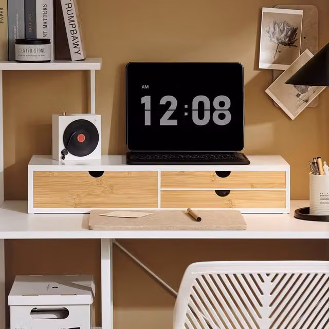 SoBuy Monitor Stand with 3 Drawers and Bamboo Front in White