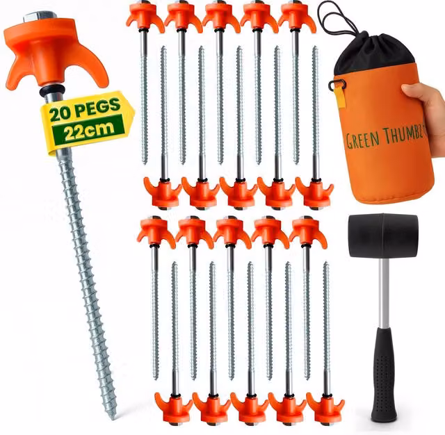 Green Thumbz Heavy Duty Camping Pegs in Orange, Galvanised Steel, 22cm