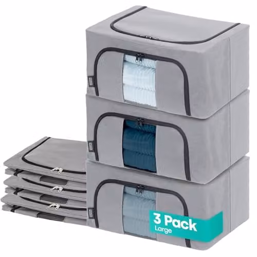LIVIVO Set of 3 Grey Fabric Storage Bags for Bedding and Clothes, Foldable Underbed Organisers