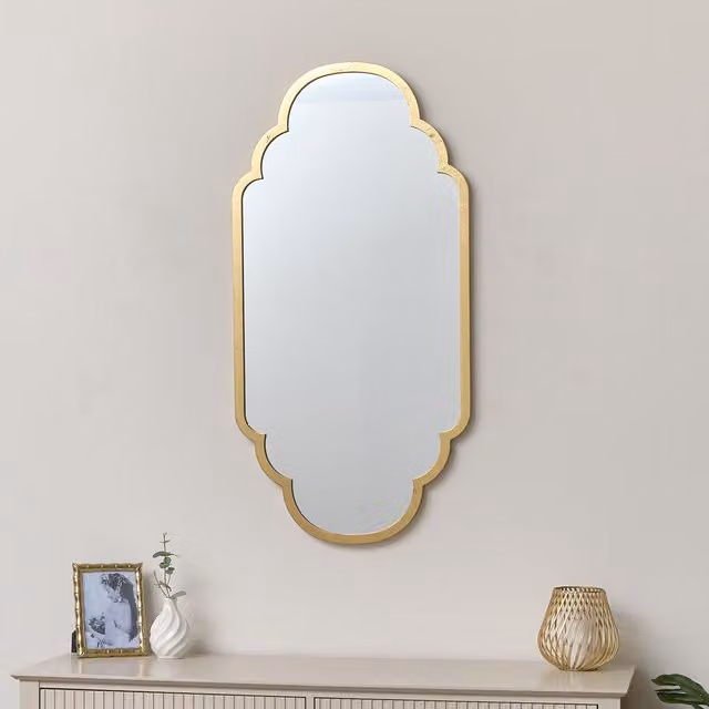 Melody Maison Gold Foiled Curved Scalloped Art Deco Framed Wall Mirror W/H: 50 x 100 cm