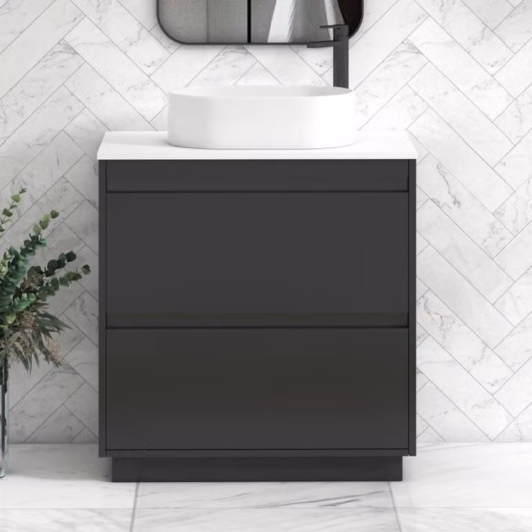 Royal Bathrooms Orion 800mm Matt Obsidian Black and Plain White Floor Standing Vanity Unit with 2 Drawers, Peak Basin and Black Accent Trim