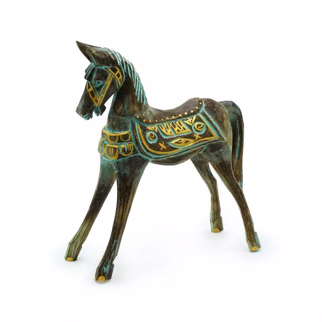 KDMD Gold and Turquoise Horse Tabletop Decoration in Green, Height: 25 cm
