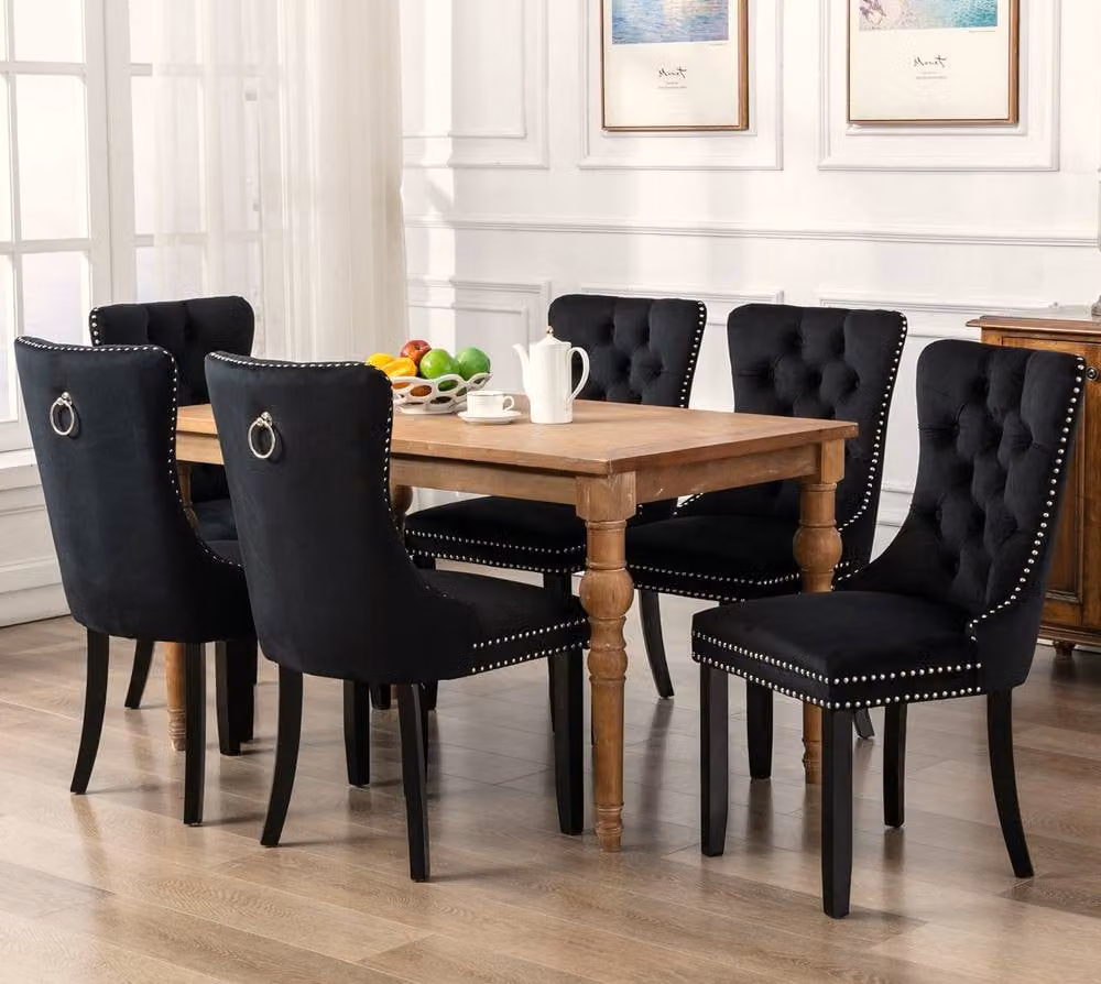 HomeTouch Romsey Set of 6 Black Velvet Upholstered Dining Chairs with Oak Legs and Knocker Ring Back – 2
