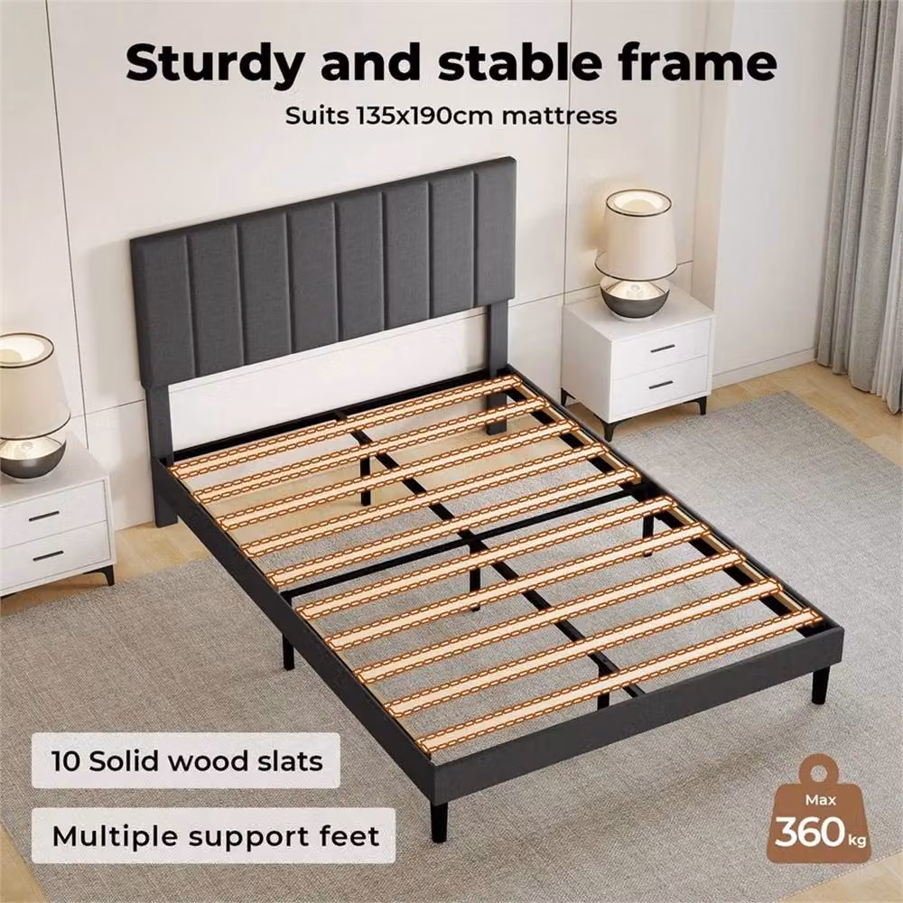 Nordara Double Size Linen Fabric Upholstered Bed Frame with Foam Headboard in Dark Grey, W/D/H: 140 x 200 cm – 4