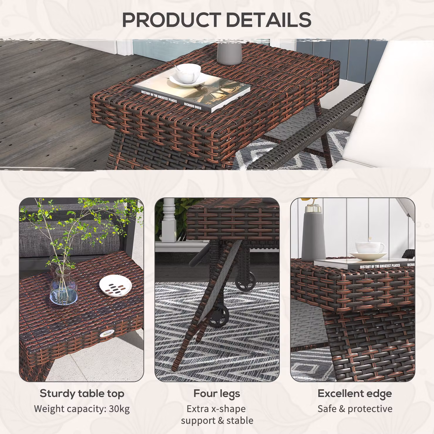 Outsunny Foldable Brown Rattan Outdoor Coffee Table with Powder Coated Steel Frame – 7