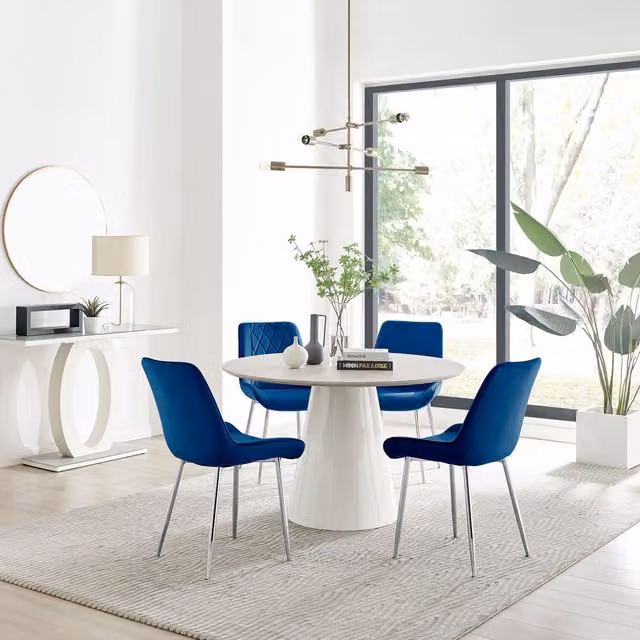 FurnitureboxUK Palma Beige Stone Effect Round Dining Table and 4 Pesaro Silver Chairs in Navy Blue