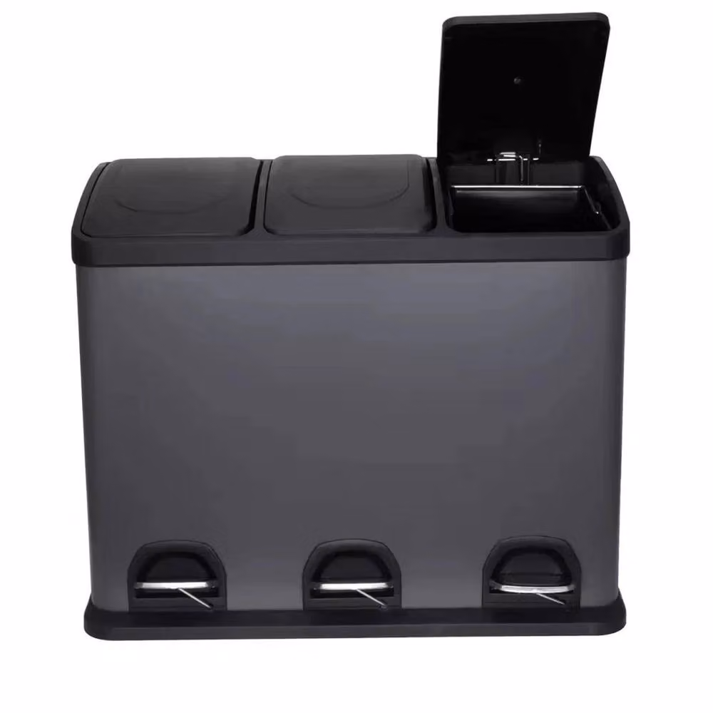 Hinsinc 45L Triple Compartment Stainless Steel Pedal Bin in Black – 4