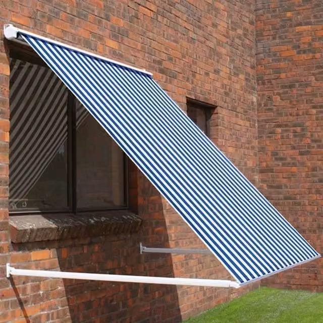 Primrose Blue and White Stripe Drop Arm Window Awning with Half Cassette, Width: 300 cm