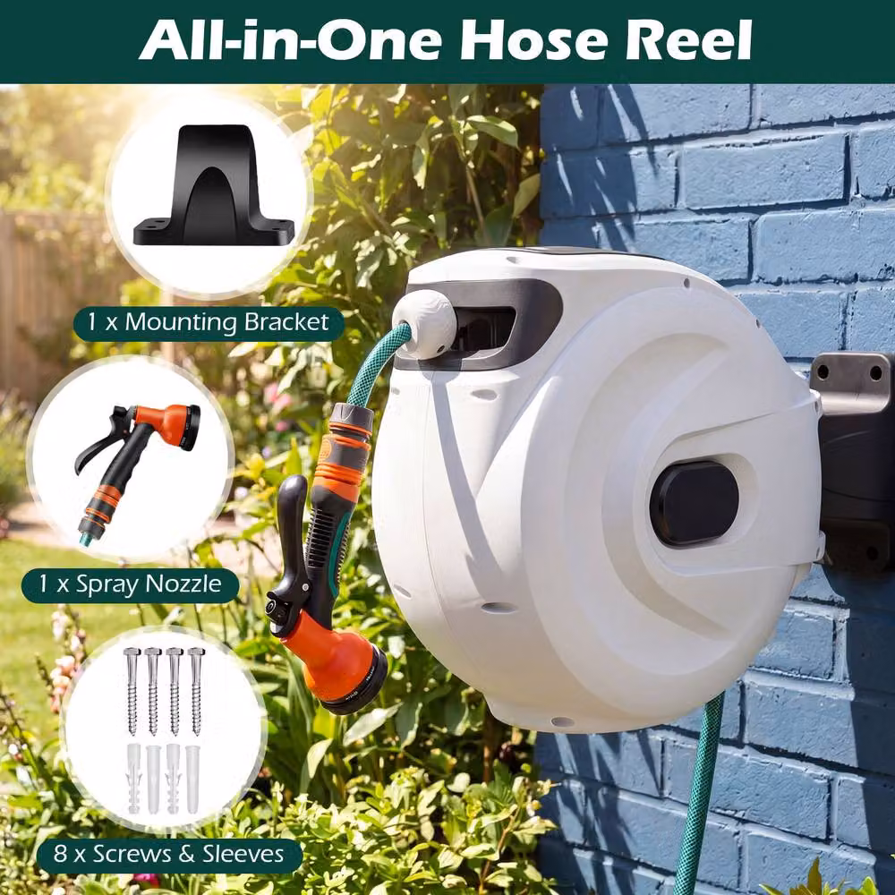 Gymax White Wall-Mounted Retractable Hose Reel with Auto-Rewind, 1/2 Inch, 20m + 2m – 7