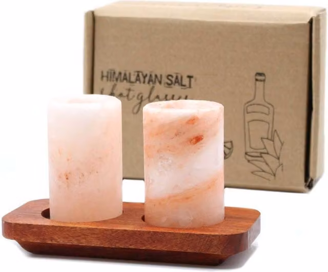 KDMD Set of 2 Peach Himalayan Salt Shot Glasses with Wooden Serving Stand – 1
